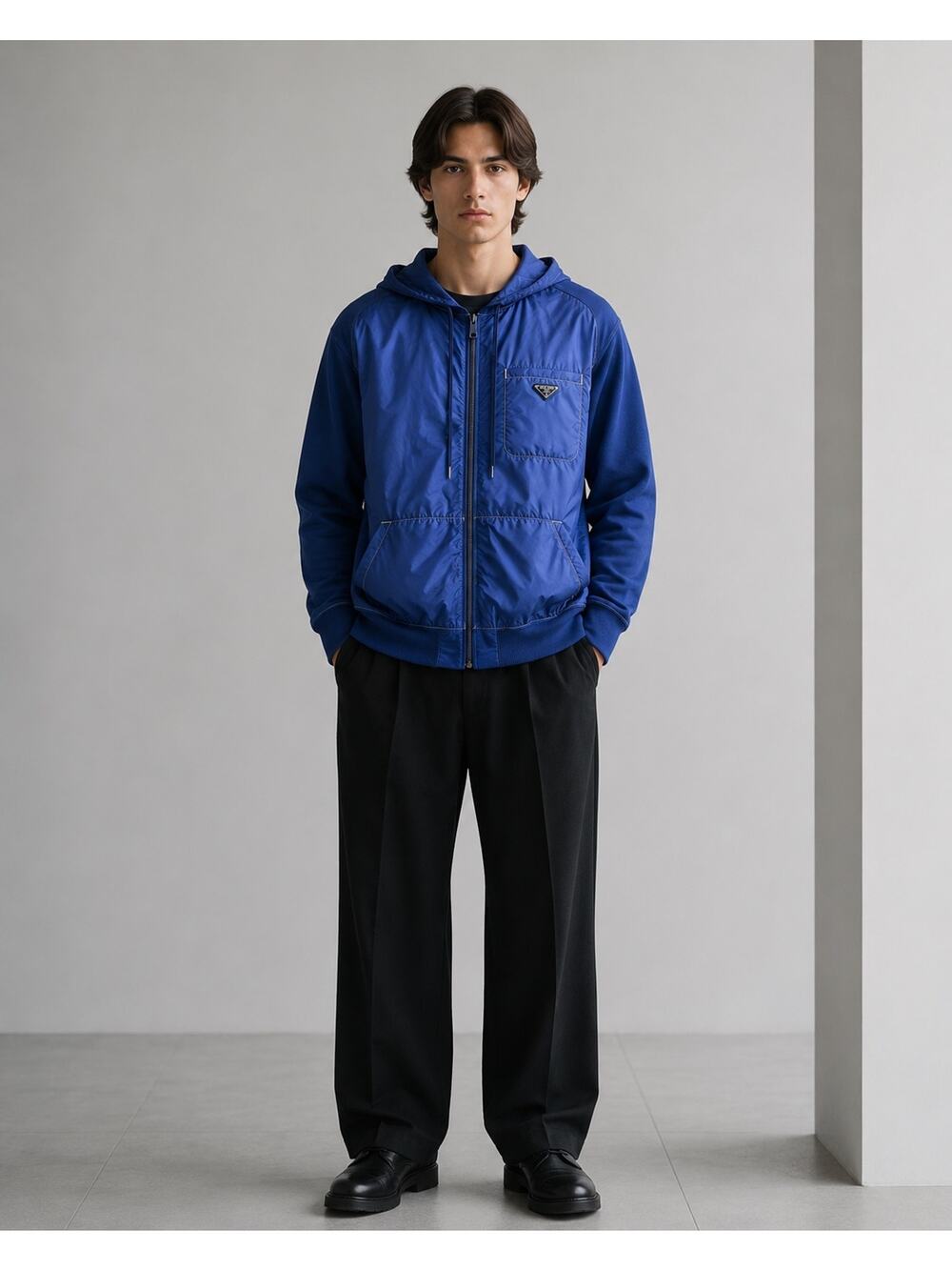 Prada Nylon Metal Hybrid Zip Hoodie Jacket Blue